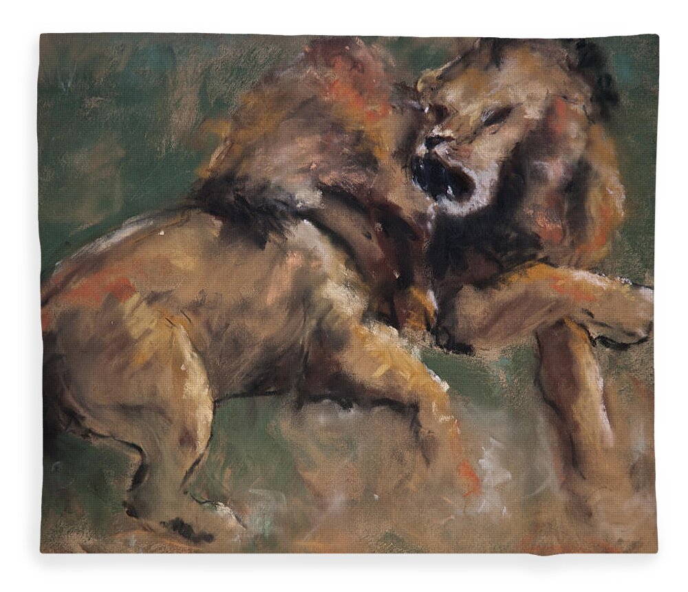 Lions Fleece Blanket featuring the pastel 'Establishing Position' by Jim Fronapfel