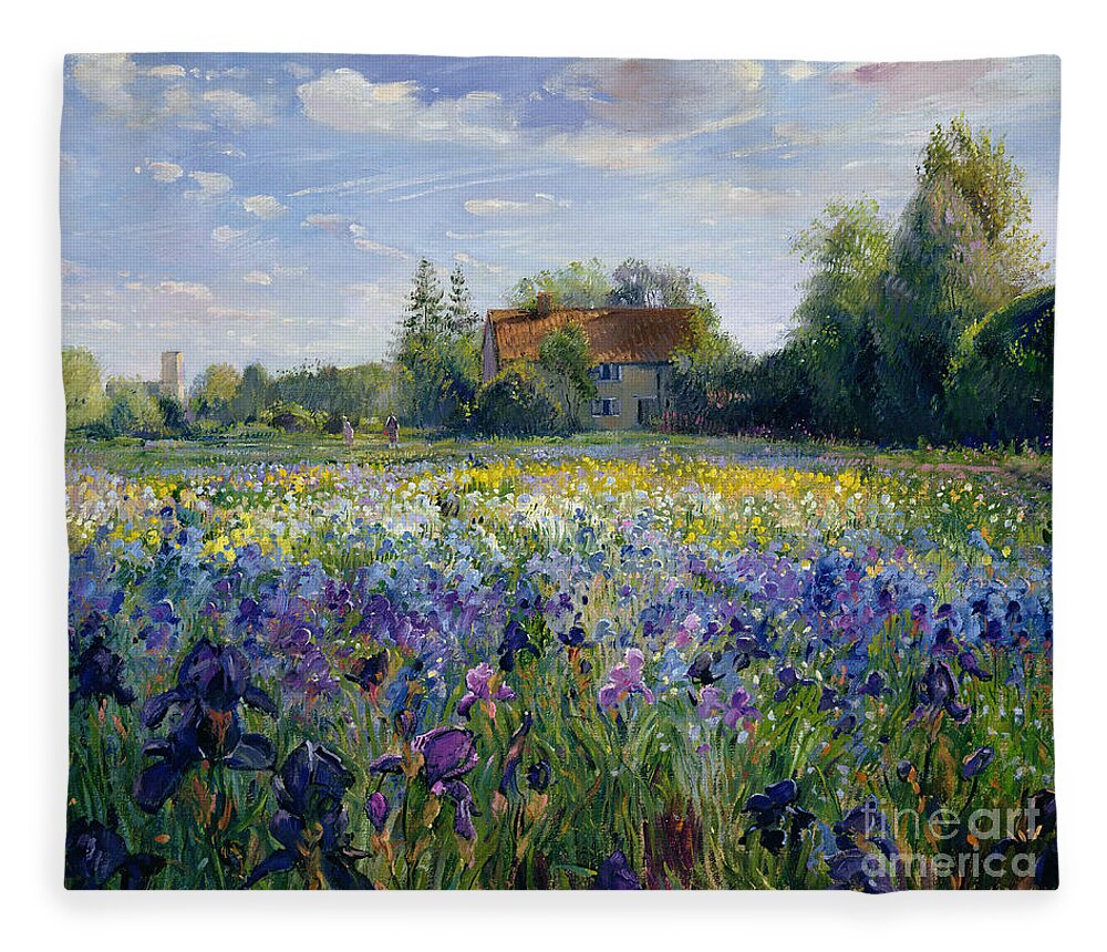 Landscape;market Gardening; Flowers; Horticulture;cottage; Summer; Rural; Irises; Landscapes Fleece Blanket featuring the painting Evening at the Iris Field by Timothy Easton