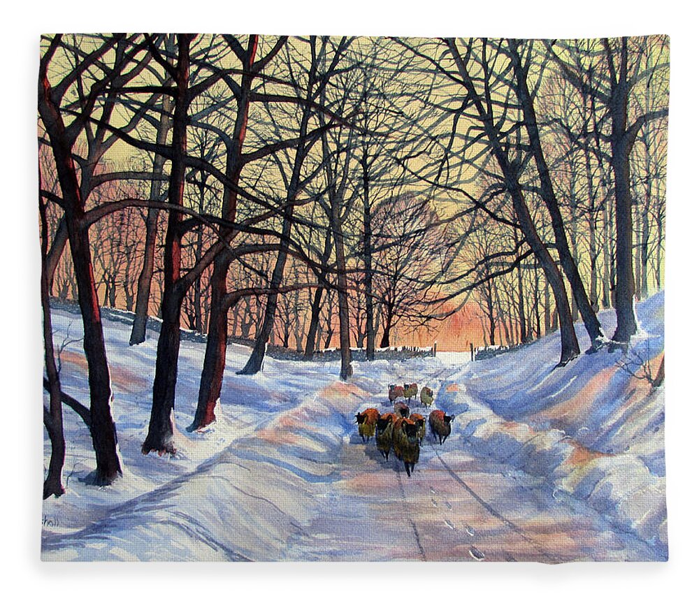 Glenn Marshall Yorkshire Artist Fleece Blanket featuring the painting Evening Glow on a Winter Lane by Glenn Marshall