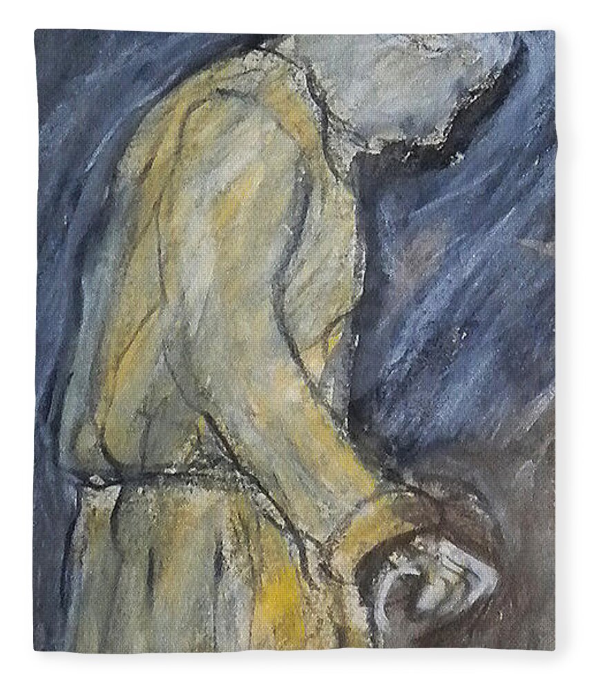 Original Art Pastel Chalk Drawing Evening Stroll Lady Cane Fleece Blanket featuring the pastel Evening Stroll by Katt Yanda