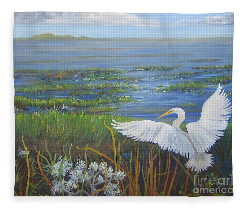 Egret Fleece Blanket featuring the painting Everglades Egret by Anne Marie Brown