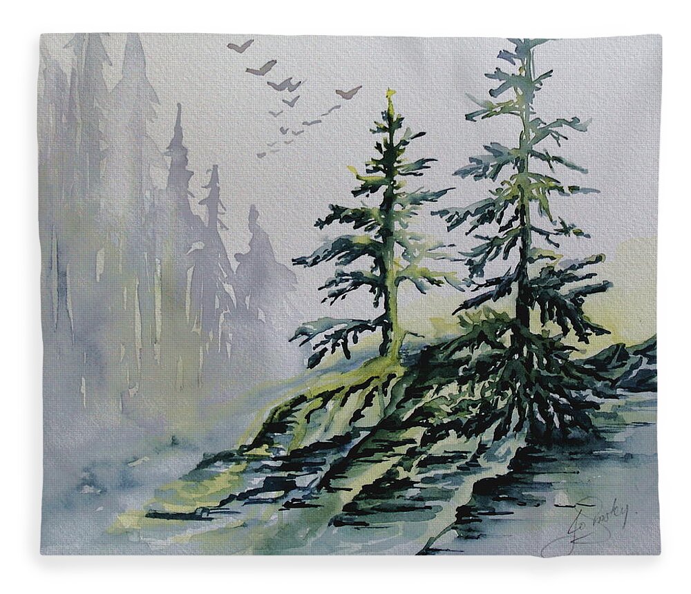 Watercolor Evergreens Fleece Blanket featuring the painting Evergreens in the Mist by Jo Smoley