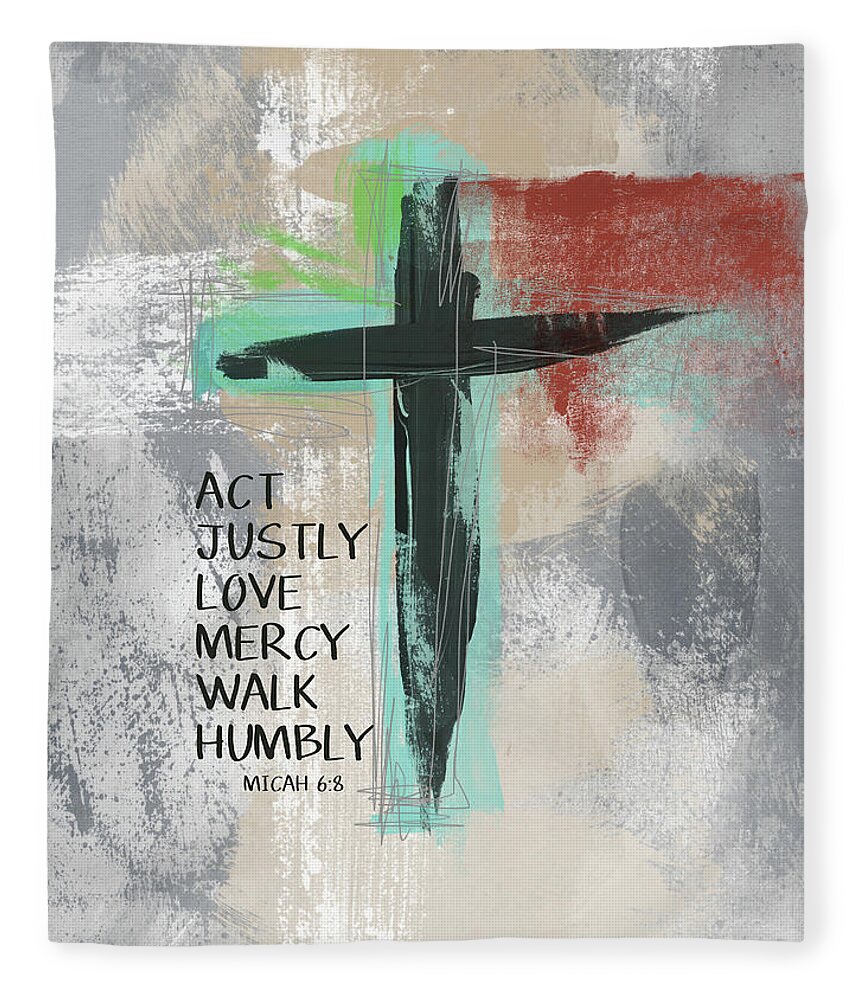 Cross Fleece Blanket featuring the mixed media Expressionist Cross Love Mercy- Art by Linda Woods by Linda Woods