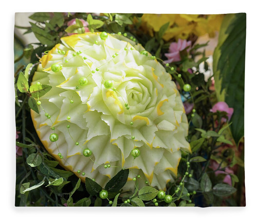 Carved Melon Fleece Blanket featuring the photograph Extravagant Jeweled Dishes - Carved Melon Flower With Green Pearls by Georgia Mizuleva