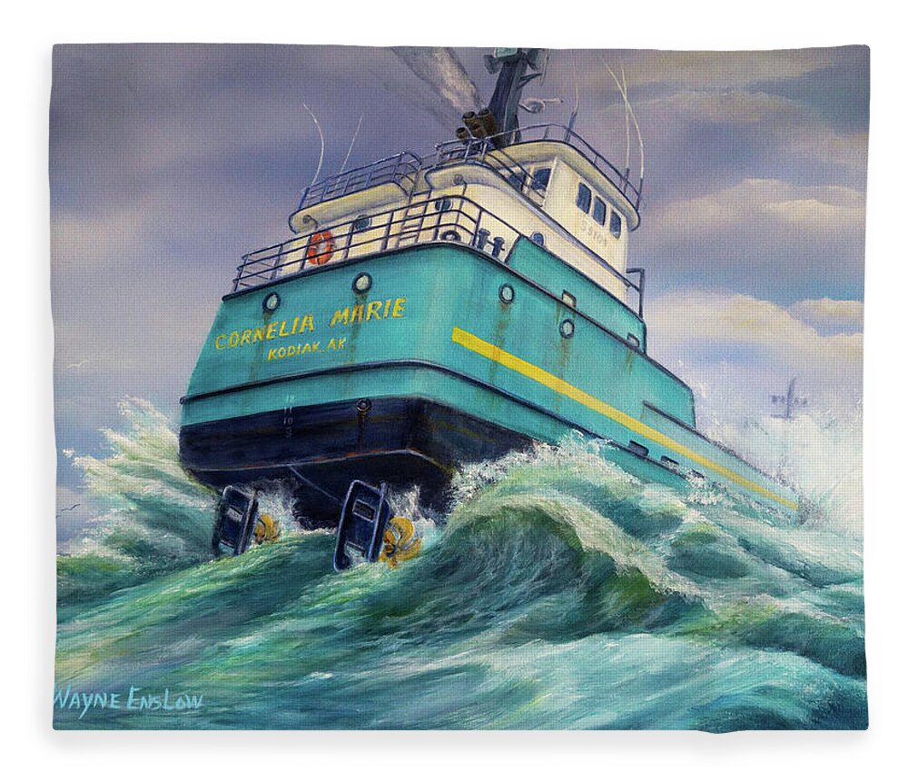 Boat Fleece Blanket featuring the painting  F/V Cornelia Marie by Wayne Enslow