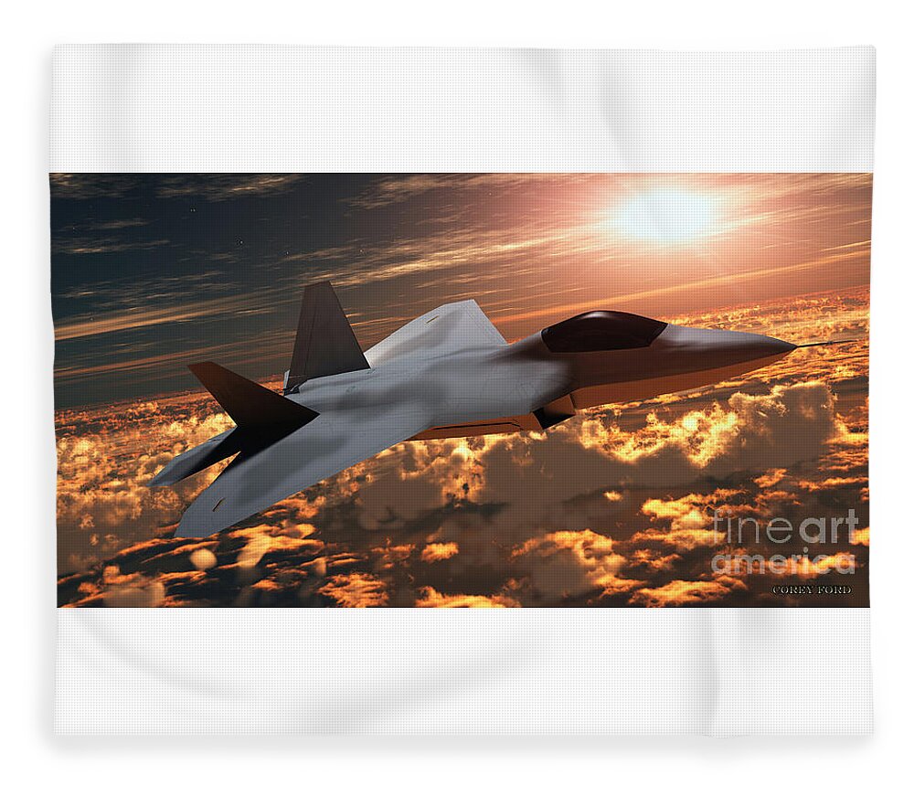 Fighter Fleece Blanket featuring the painting F22 Fighter Jet at Sunset by Corey Ford