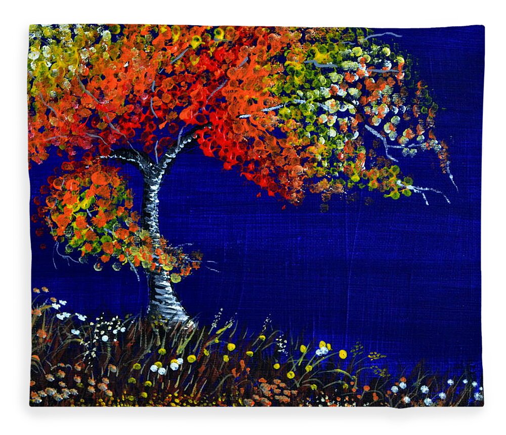 This Is An Acrylic Painting Of A Tree During A Wind Storm. The Strong Wind Is Causing The Tree And Limbs To Bend. The Grass Below And Flowers Are Also Bending Due To The Wind. I Used Many Bright Color's For The Leaves Of The Tree. The Color's I Selected Were Bright And Different Values. I Wanted To Create A Contrast Between The Leaves On The Tree. I Used A Bright Blue Color For A Great Contrast With The Tree And The Wild Flowers. This Is A Very Affordable Gift And Would Fit Any Decor. Fleece Blanket featuring the painting Fall Color's by Martin Schmidt