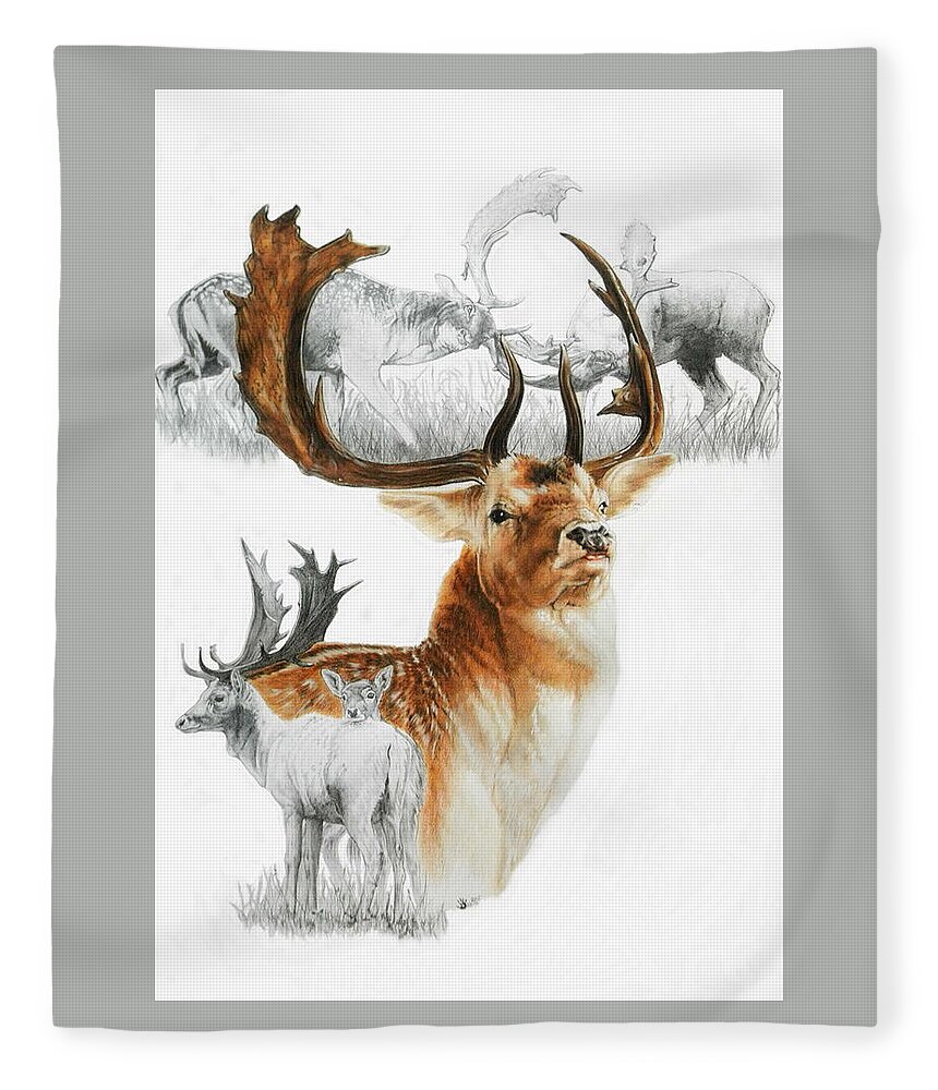 Deer Fleece Blanket featuring the mixed media Fallow Deer of Europe by Barbara Keith