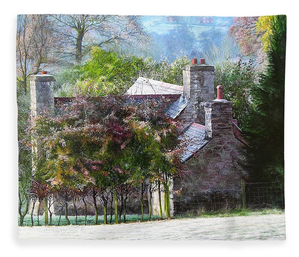 Wales Fleece Blanket featuring the painting Farmhouse on a Cold Winter Morning. by Harry Robertson