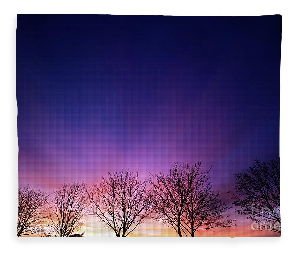 Sunset Fleece Blanket featuring the photograph Fiery winter sunset with line of bare trees by Simon Bratt