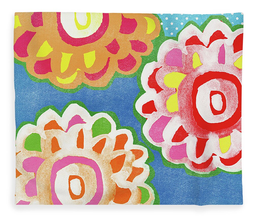 Flowers Fleece Blanket featuring the mixed media Fiesta Floral 3- Art by Linda Woods by Linda Woods