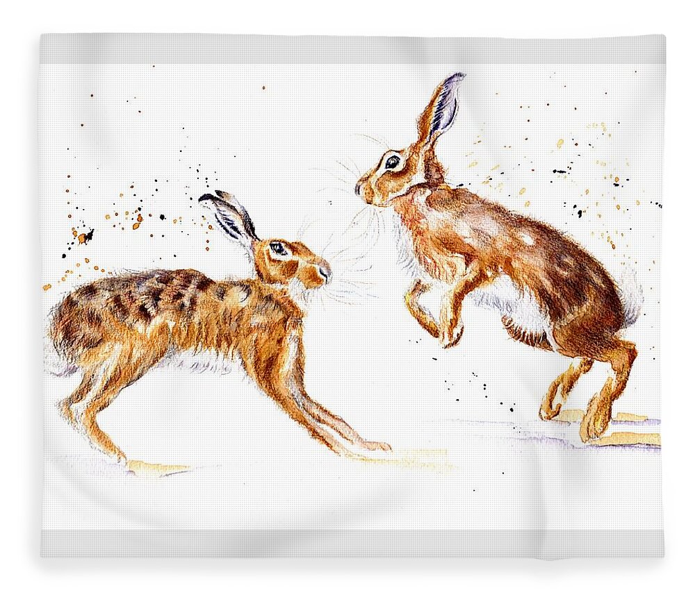 Boxing Fleece Blanket featuring the painting Boxing Hares - Fight Club by Debra Hall