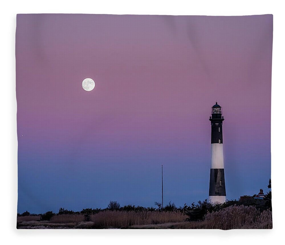 Fire Island Fleece Blanket featuring the photograph Fire Island Lighthouse Moon Rise by Alissa Beth Photography