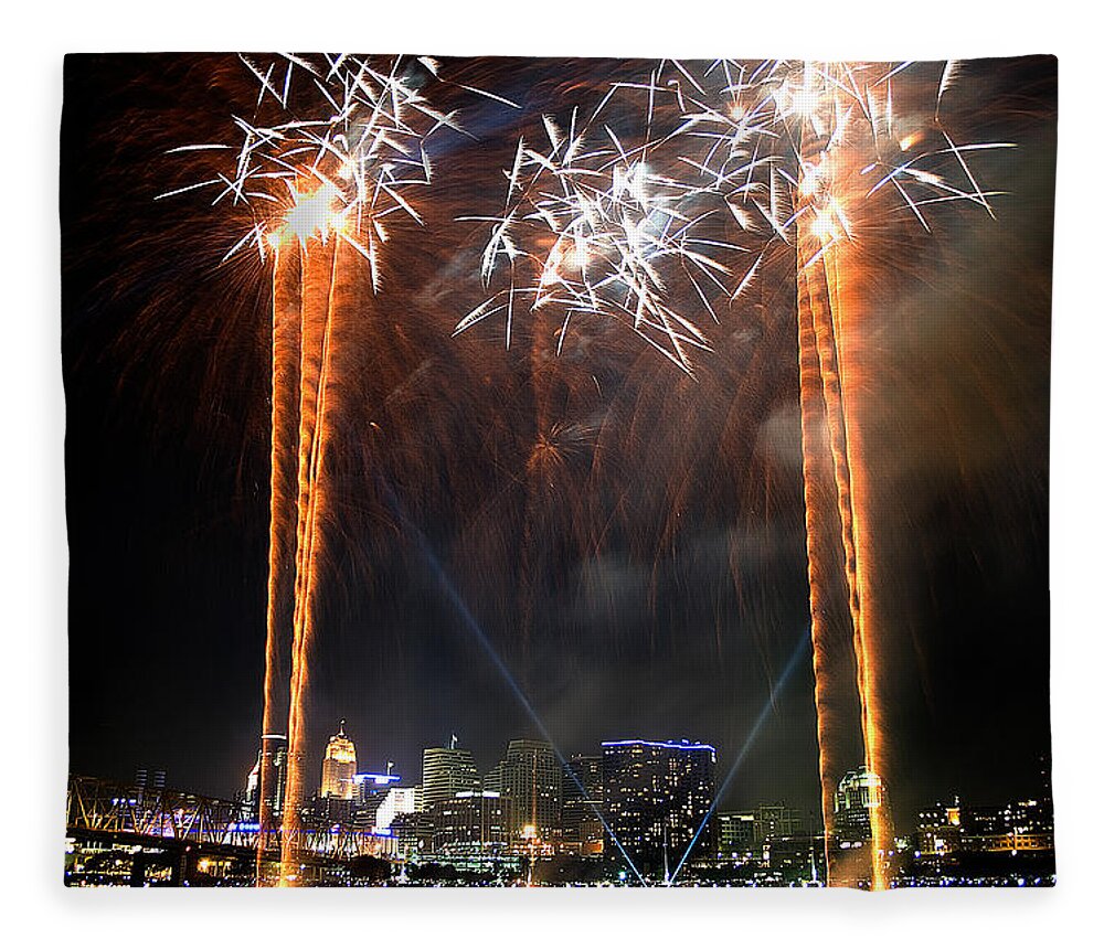 Cincinnati Fleece Blanket featuring the photograph Fireworks over Cincinnati by Keith Allen
