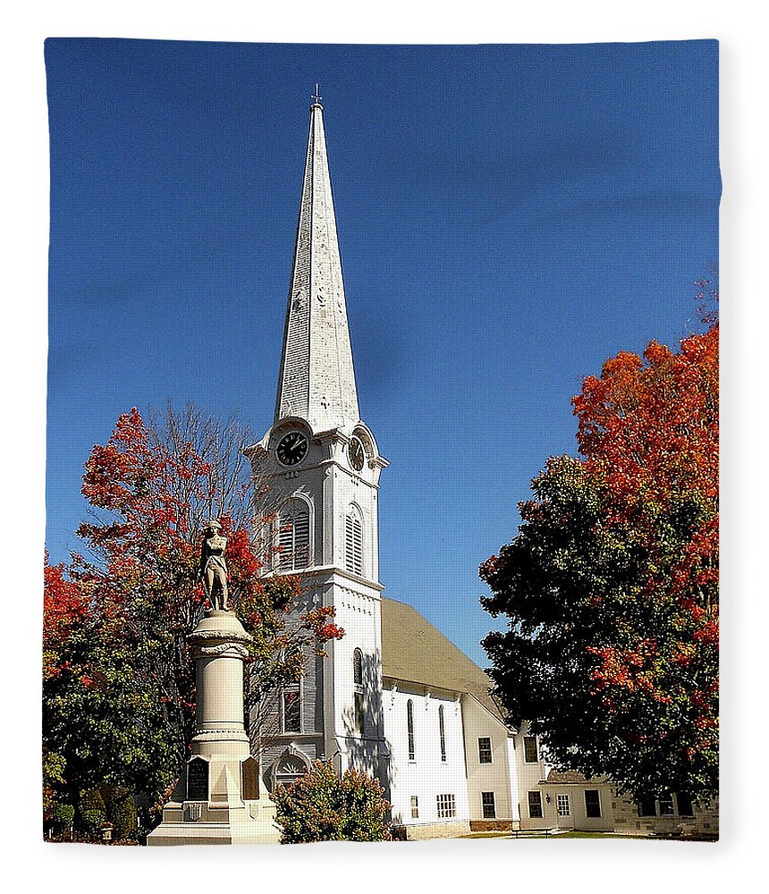 Church In Manchester Fleece Blanket featuring the photograph First Congregational Church and Ethan Allen Revolutionary War Patriot Statue in Manchester Vermont by Linda Stern