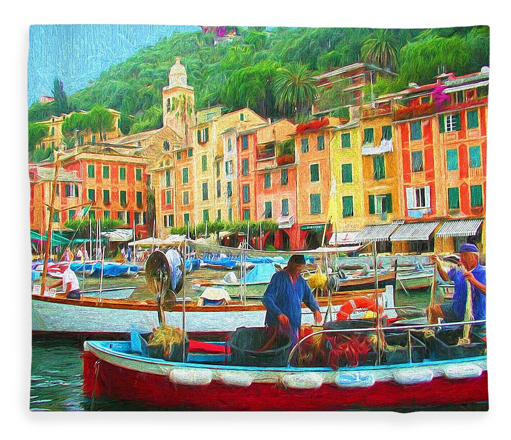 Painting Fleece Blanket featuring the painting Fishermen in Portofino by Mitchell R Grosky
