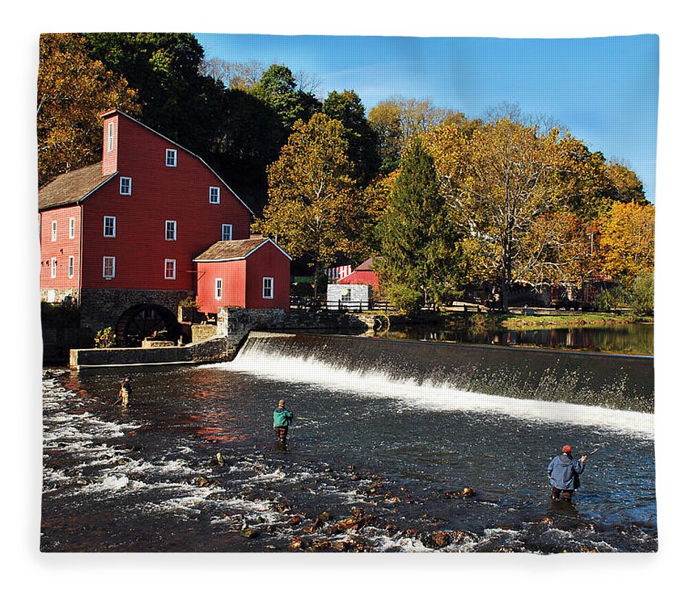 Water Mill Fleece Blanket featuring the photograph Fishing at the Old Mill by Lori Tambakis