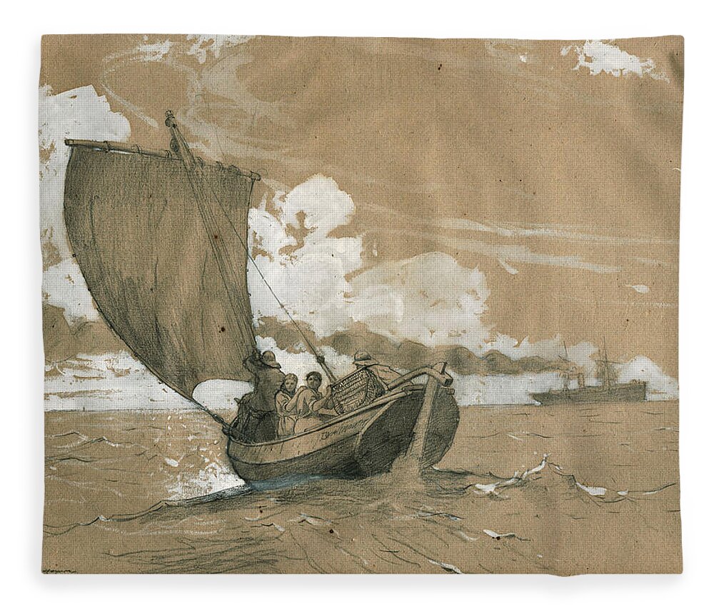 Winslow Homer Fleece Blanket featuring the glass art Fishing off Scarborough by Winslow Homer