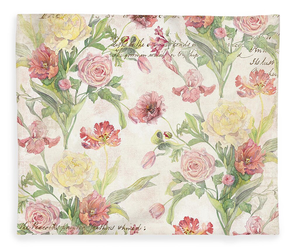 Peony Fleece Blanket featuring the painting Fleurs de Pivoine - Watercolor in a French Vintage Wallpaper Style by Audrey Jeanne Roberts