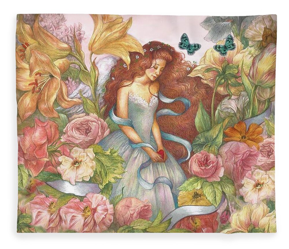 Flower Fairy Fleece Blanket featuring the painting Floral Angel Glamorous Botanical by Judith Cheng