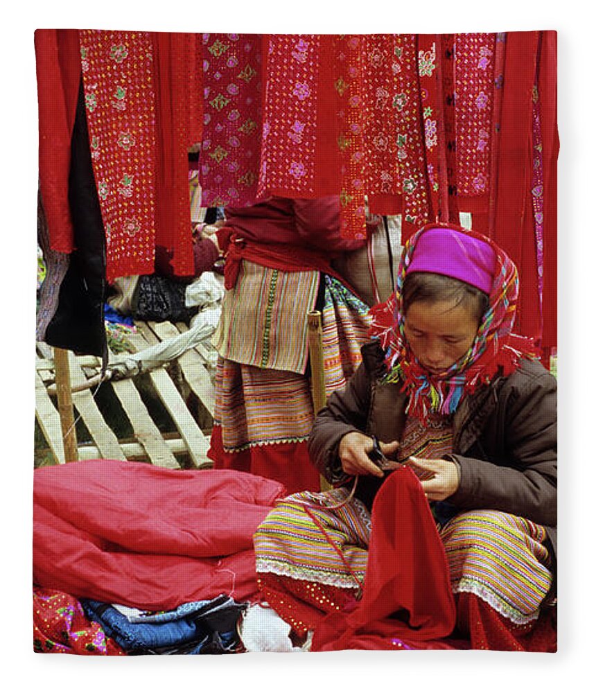 Vietnam Fleece Blanket featuring the photograph Flower Hmong Fabric Stall by Rick Piper Photography