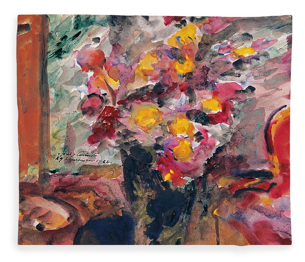 Lovis Corinth Fleece Blanket featuring the painting Flower Vase on a Table by Lovis Corinth