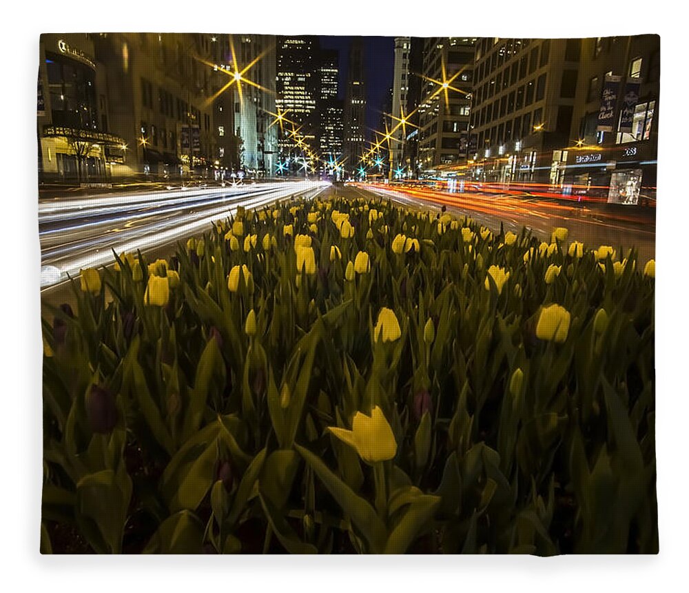 Chicago Fleece Blanket featuring the photograph Flowers at night on Chicago's Mag Mile by Sven Brogren