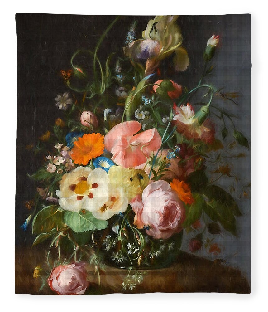 Old Masters Fleece Blanket featuring the mixed media Flowers on a Table Top 2 by Rachel Ruysch