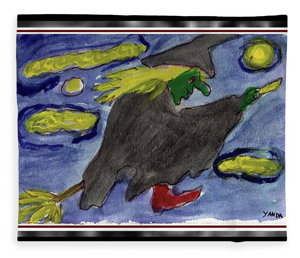 Flying Halloween Witch With Red Shoes Broomstick Fleece Blanket featuring the painting Flying Halloween Witch with Red Shoes by Katt Yanda