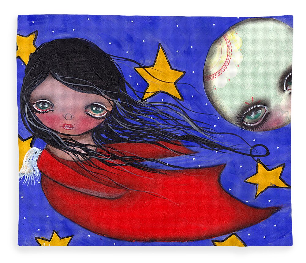 Angel Fleece Blanket featuring the painting Flying with the Moon by Abril Andrade