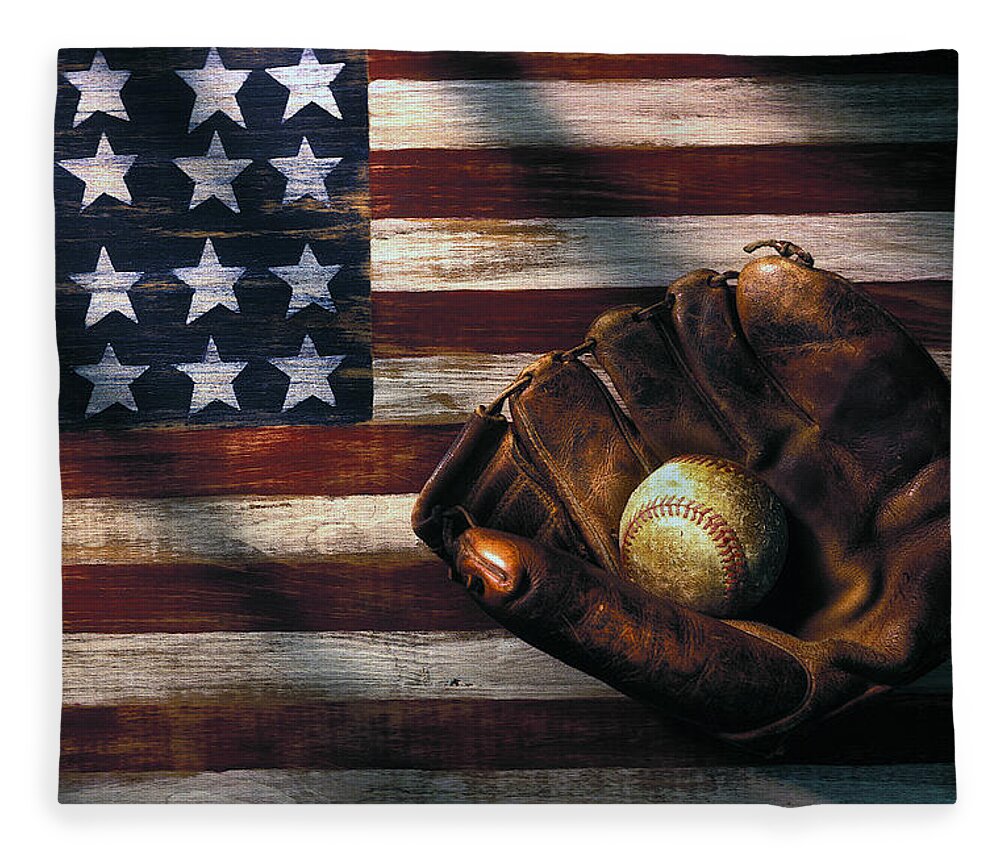 Folk Art American Flag Fleece Blanket featuring the photograph Folk art American flag and baseball mitt by Garry Gay
