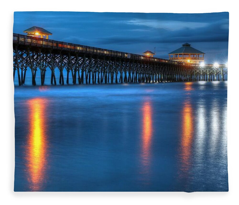 Carol R Montoya Fleece Blanket featuring the photograph Folly Beach Pier At Blue Hour Charleston South Carolina by Carol Montoya