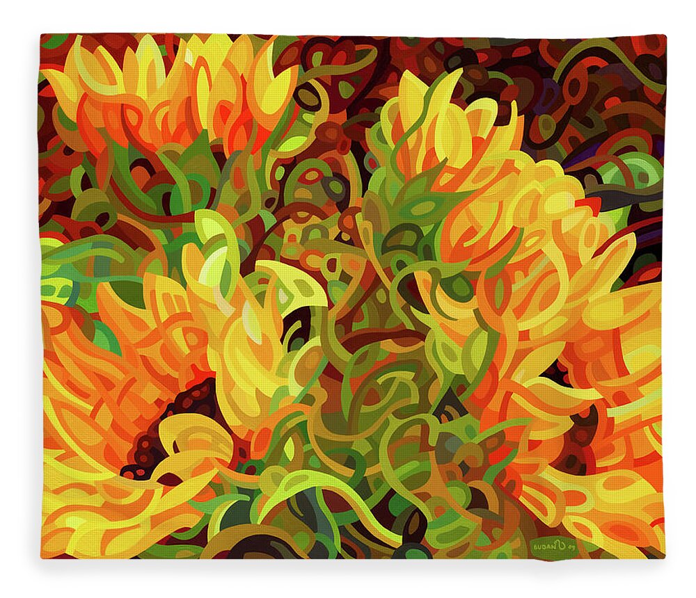 Fine Art Fleece Blanket featuring the painting Four Sunflowers by Mandy Budan