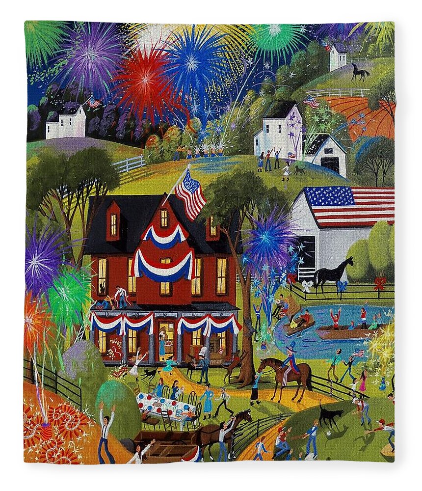 Farm Fleece Blanket featuring the painting Fourth Of July - Fireworks on the farm by Debbie Criswell