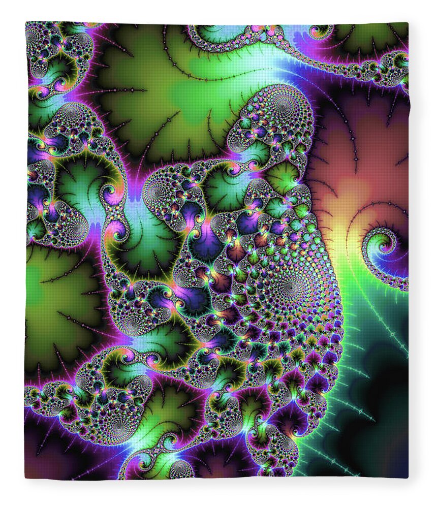 Floral Fleece Blanket featuring the digital art Fractal spirals and leaves with jewel colors by Matthias Hauser