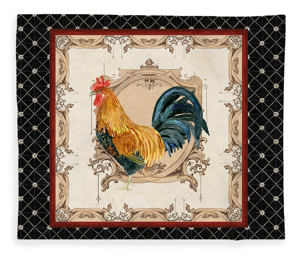 Etched Fleece Blanket featuring the painting French Country Roosters Quartet 4 by Audrey Jeanne Roberts
