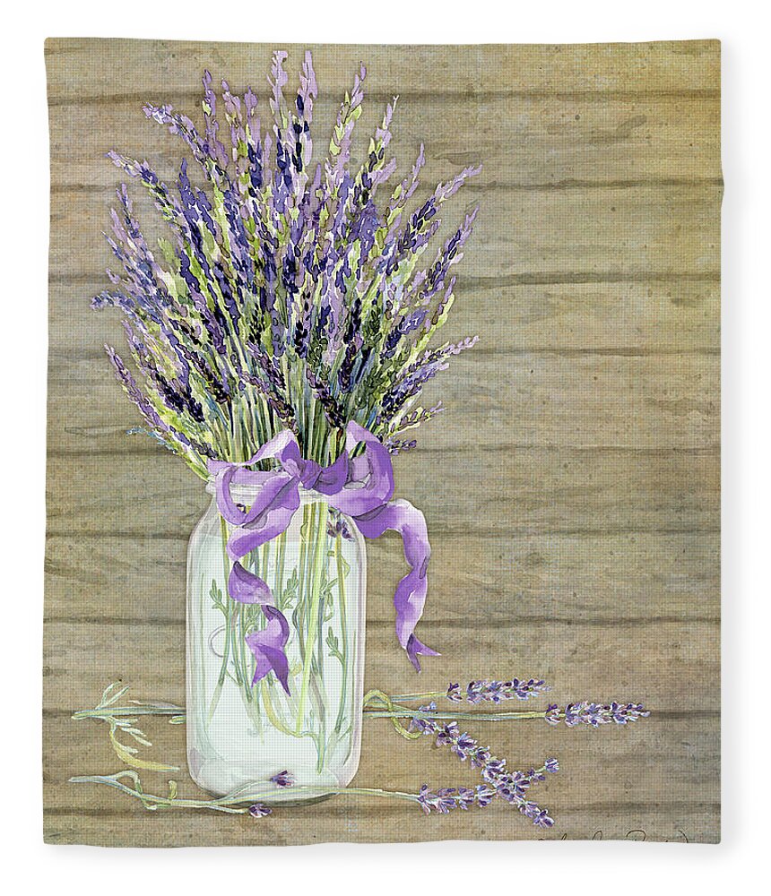 Watercolor Fleece Blanket featuring the painting French Lavender Rustic Country Mason Jar Bouquet on Wooden Fence by Audrey Jeanne Roberts