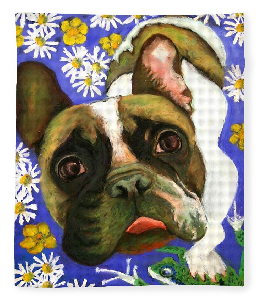 Pet Portrait Fleece Blanket featuring the painting Frenchie Plays with Frogs by Minaz Jantz