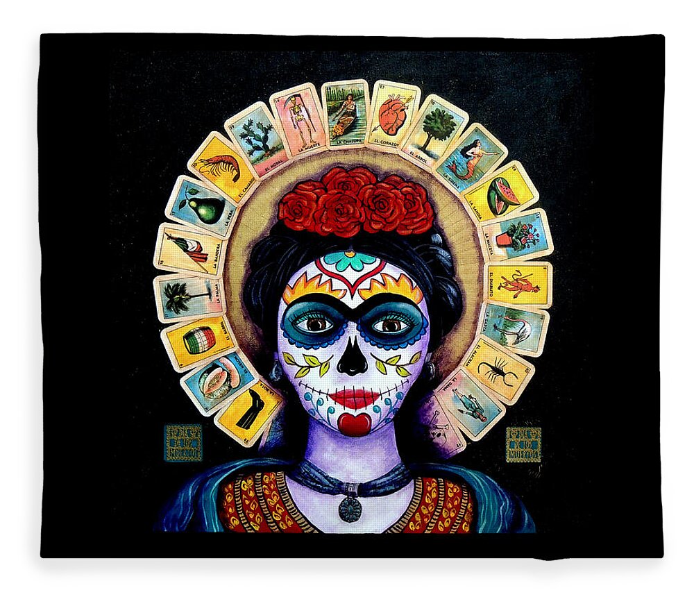 Dia De Los Muertos Fleece Blanket featuring the painting Frida Loteria by Candy Mayer