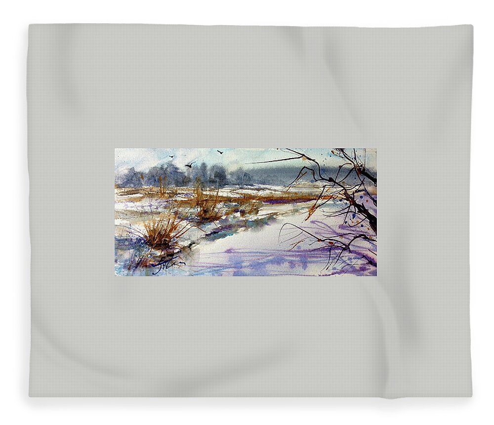 Watercolor Fleece Blanket featuring the painting Frozen River by Judith Levins