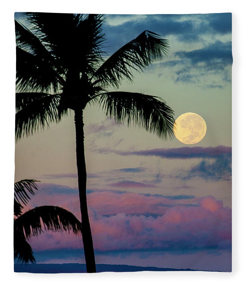 Palm Trees Fleece Blanket featuring the photograph Full Moon and Palm Trees by Anthony Jones