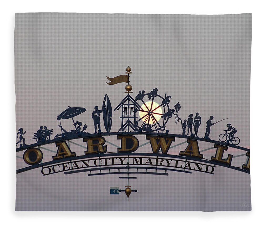 Boardwalk Fleece Blanket featuring the photograph Full Moon in the Boardwalk Arch Ferris Wheel by Robert Banach