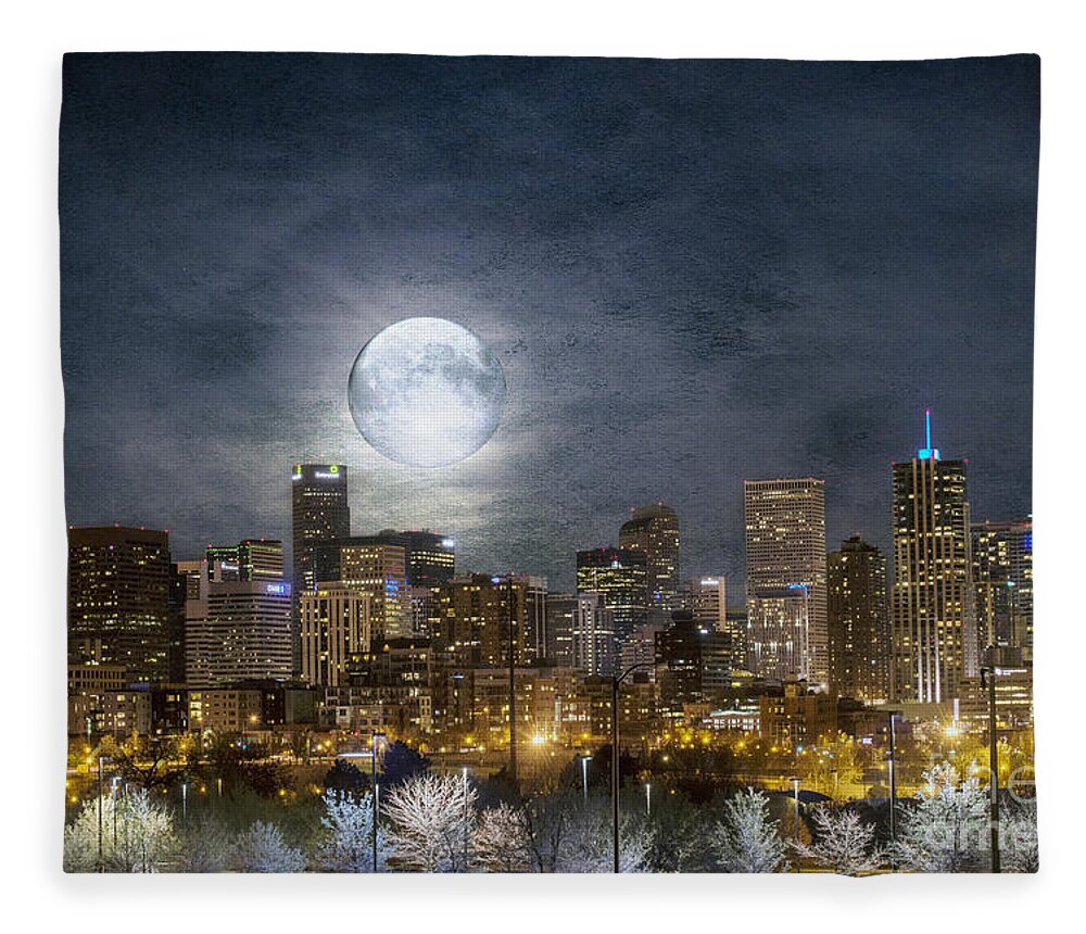 Buildings Fleece Blanket featuring the photograph Full Moon Over Denver by Juli Scalzi
