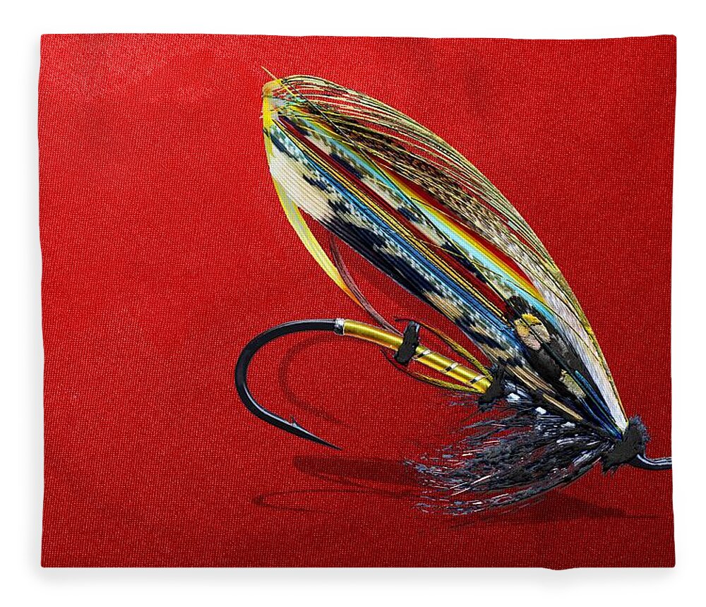 Fishing Corner Collection By Serge Averbukh Fleece Blanket featuring the photograph Fully Dressed Salmon Fly on Red by Serge Averbukh