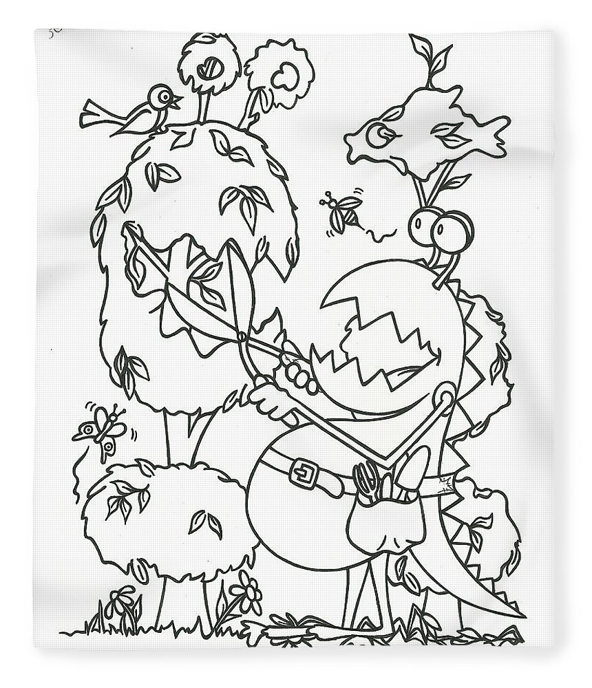 Monster Fleece Blanket featuring the drawing Gardening Monster by Konni Jensen