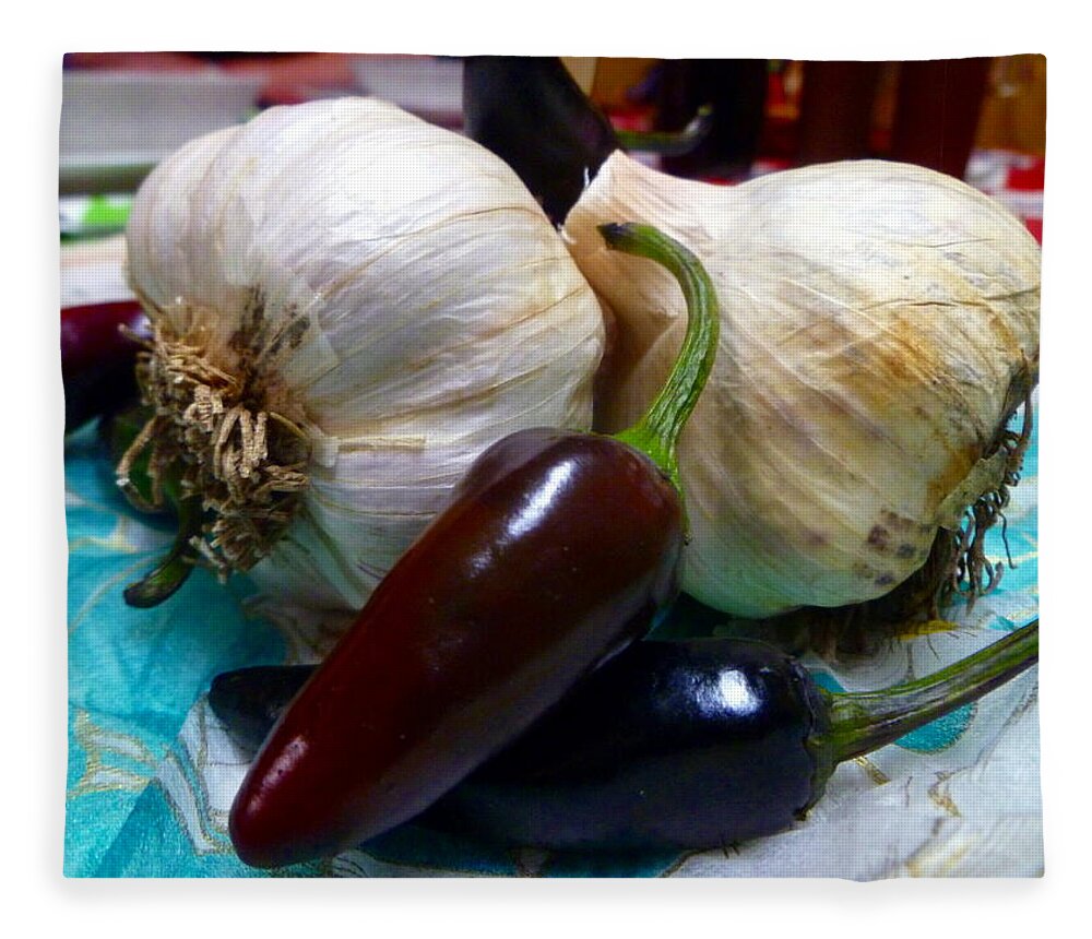 Garlic Fleece Blanket featuring the photograph Garlic and peppers by Jean Evans