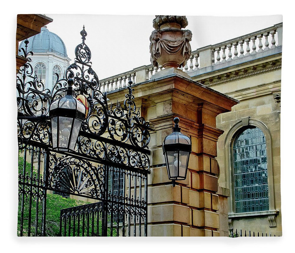 Gate Fleece Blanket featuring the photograph Gate to Clare College. Cambridge. by Elena Perelman