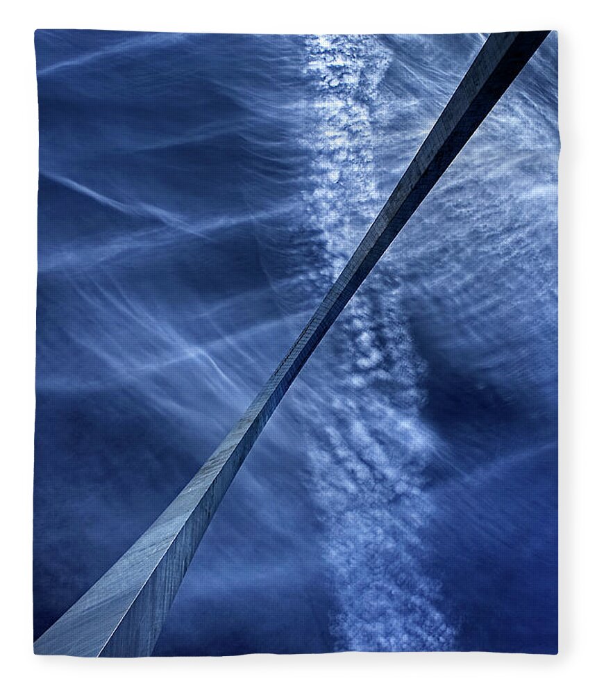 Arch St. Louis Gateway Clouds Contrails Blue Abstract Vertical Horizontal Diagonal Fleece Blanket featuring the photograph Gateway Arch St Louis by Peter Herman