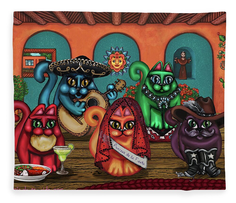 Hispanic Art Fleece Blanket featuring the painting Gatos de Santa Fe by Victoria De Almeida