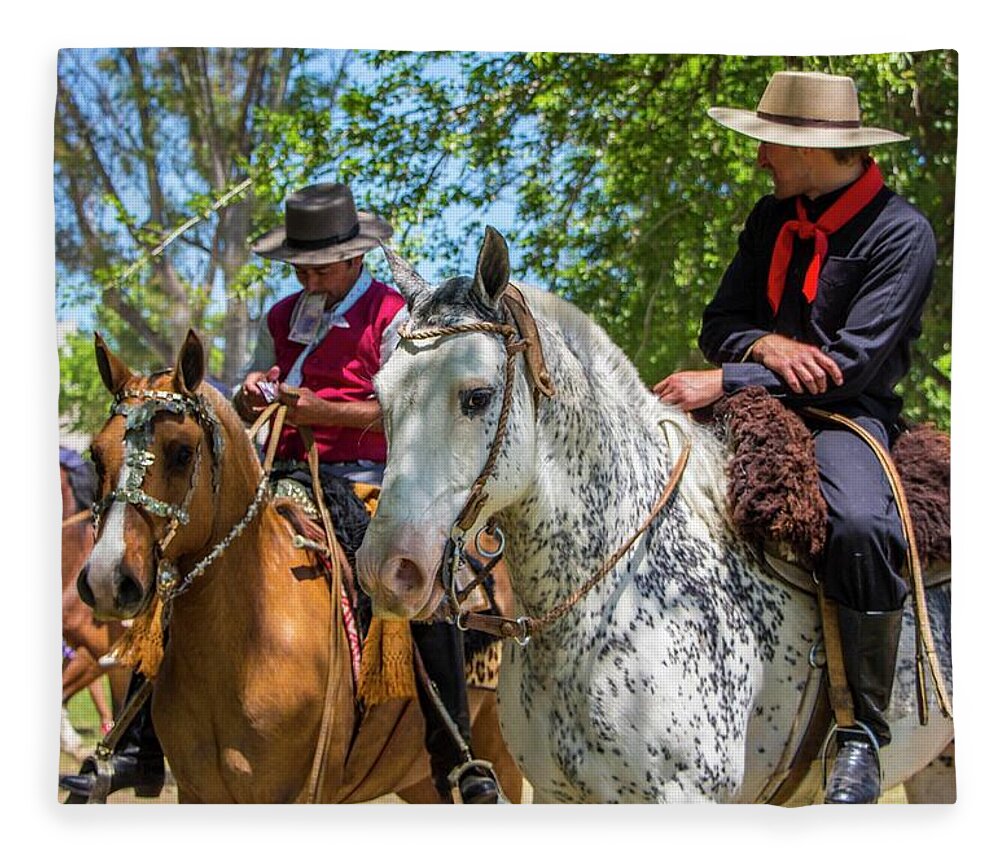 Horses Fleece Blanket featuring the photograph Gauchos Taking A Break, Argentina by Venetia Featherstone-Witty